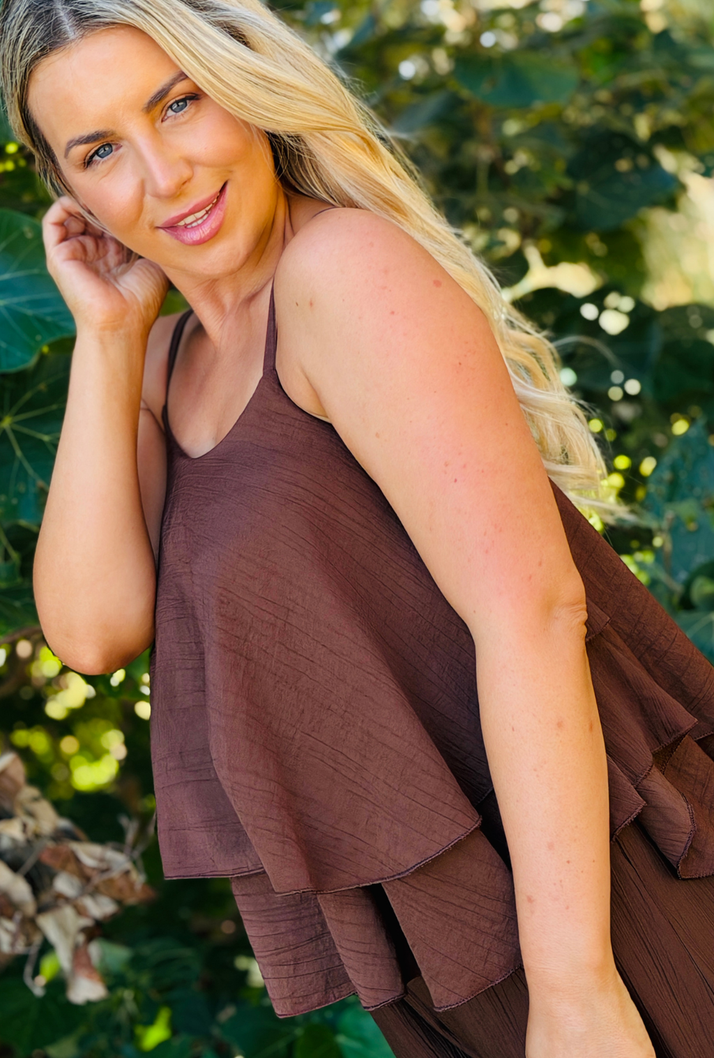 Laidback Luxe Frilled Top - Chocolate