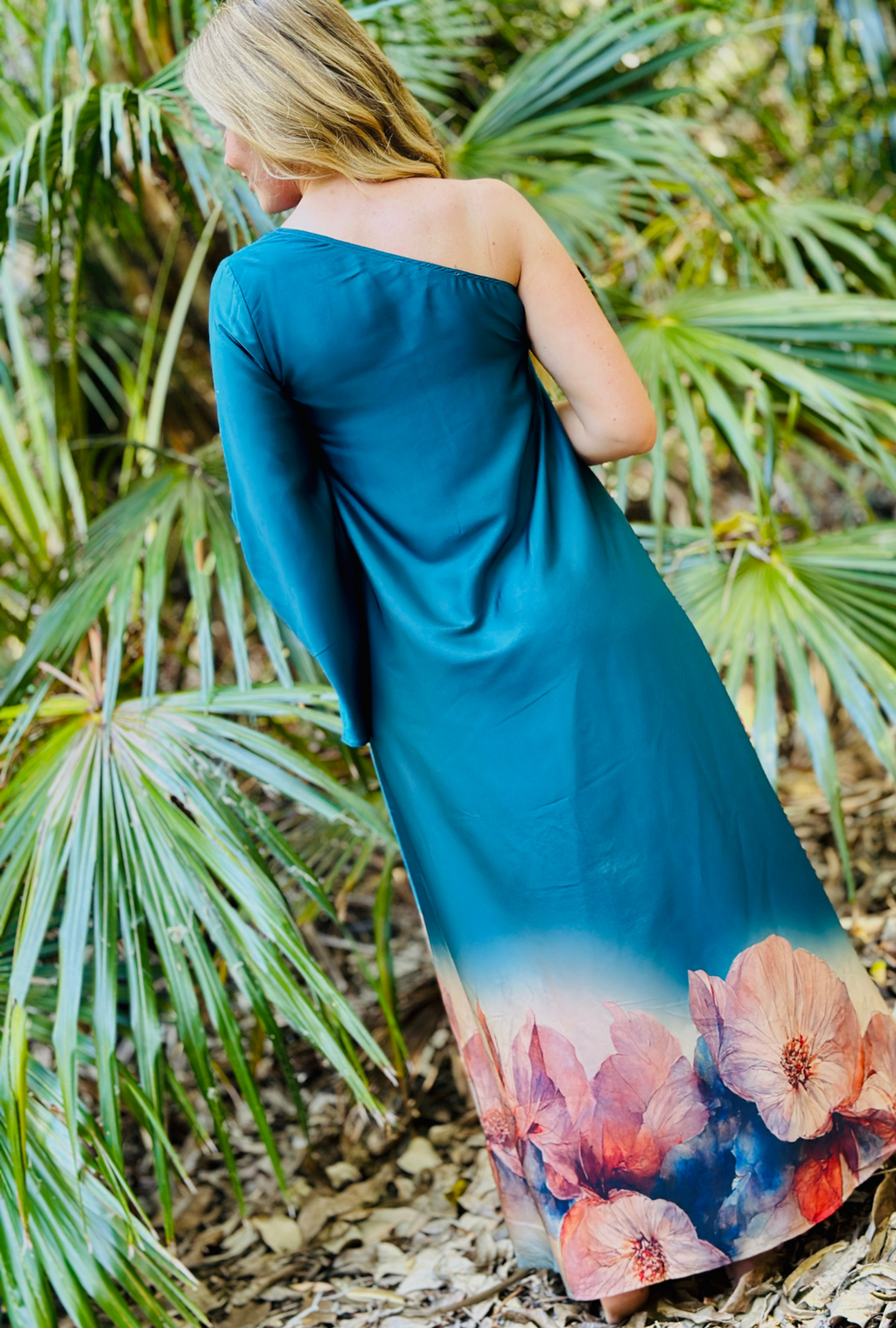 Cold Shoulder Maxi Dress - Teal Bloom