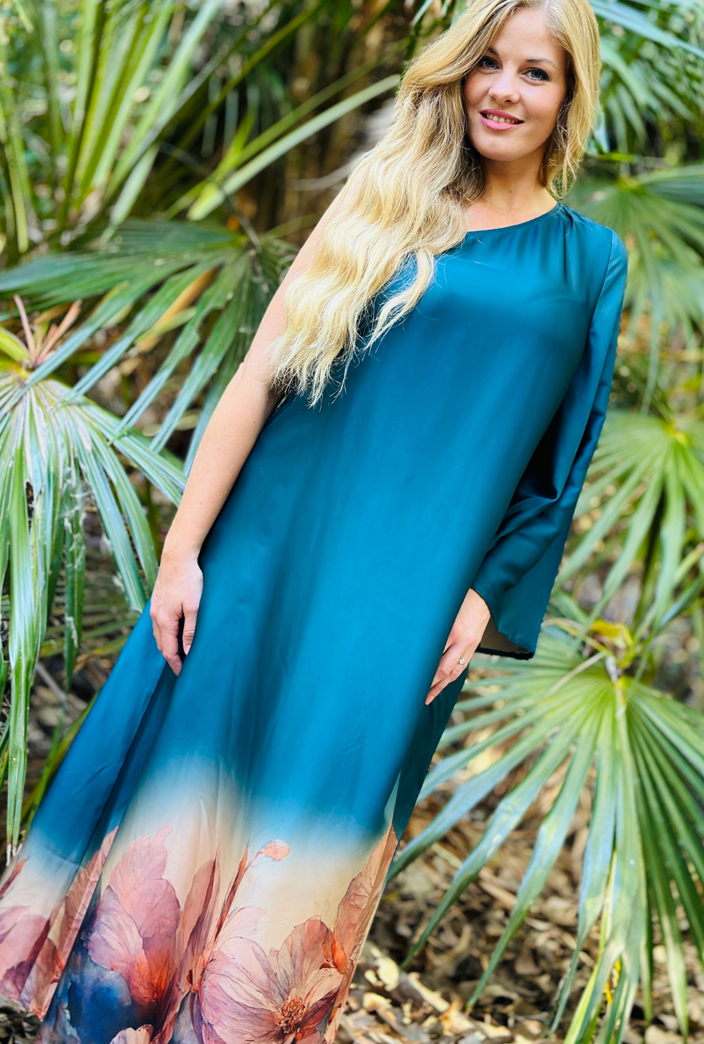 Cold Shoulder Maxi Dress - Teal Bloom