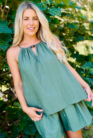 Laidback Luxe Beaded Top - Sage