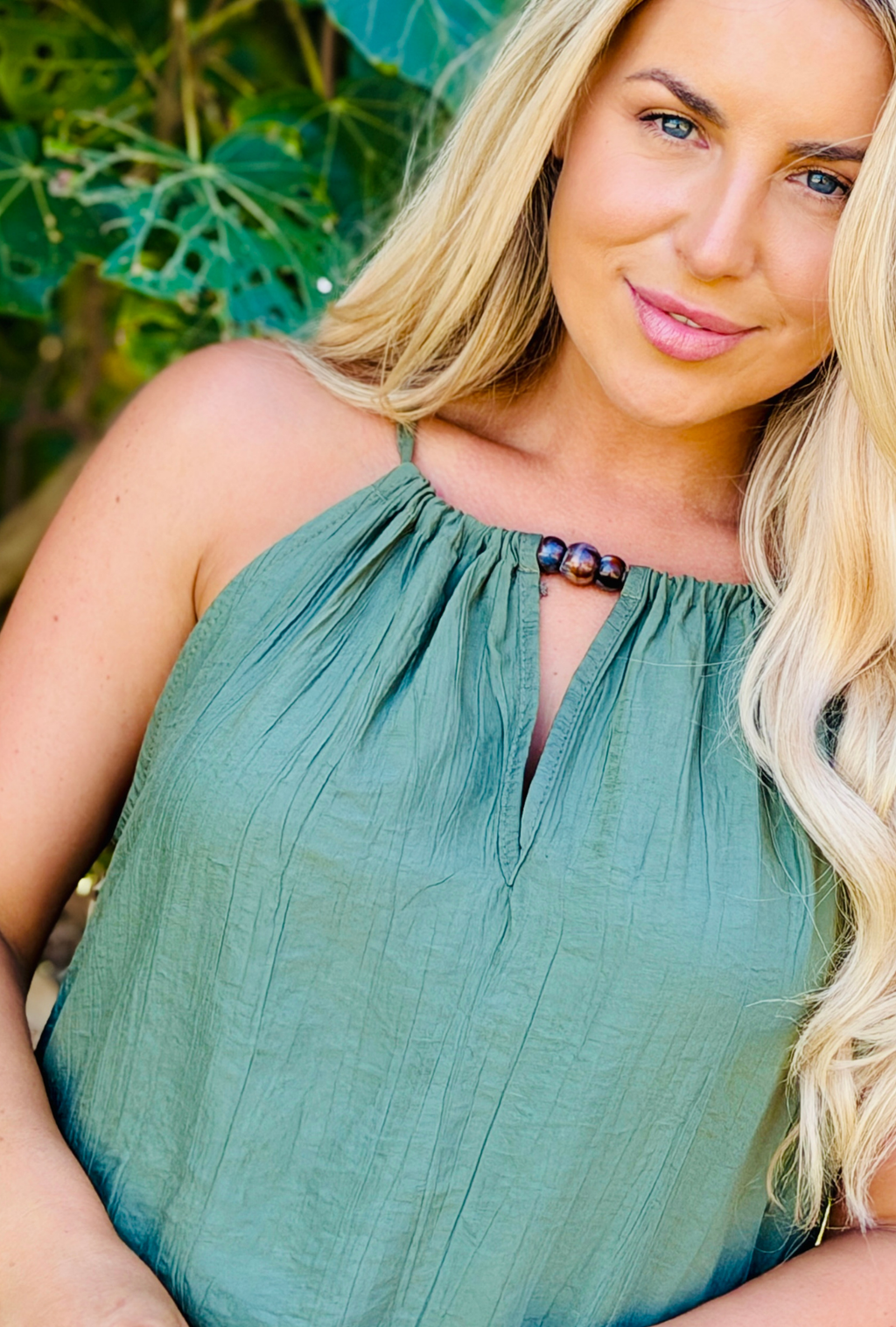 Laidback Luxe Beaded Top - Sage
