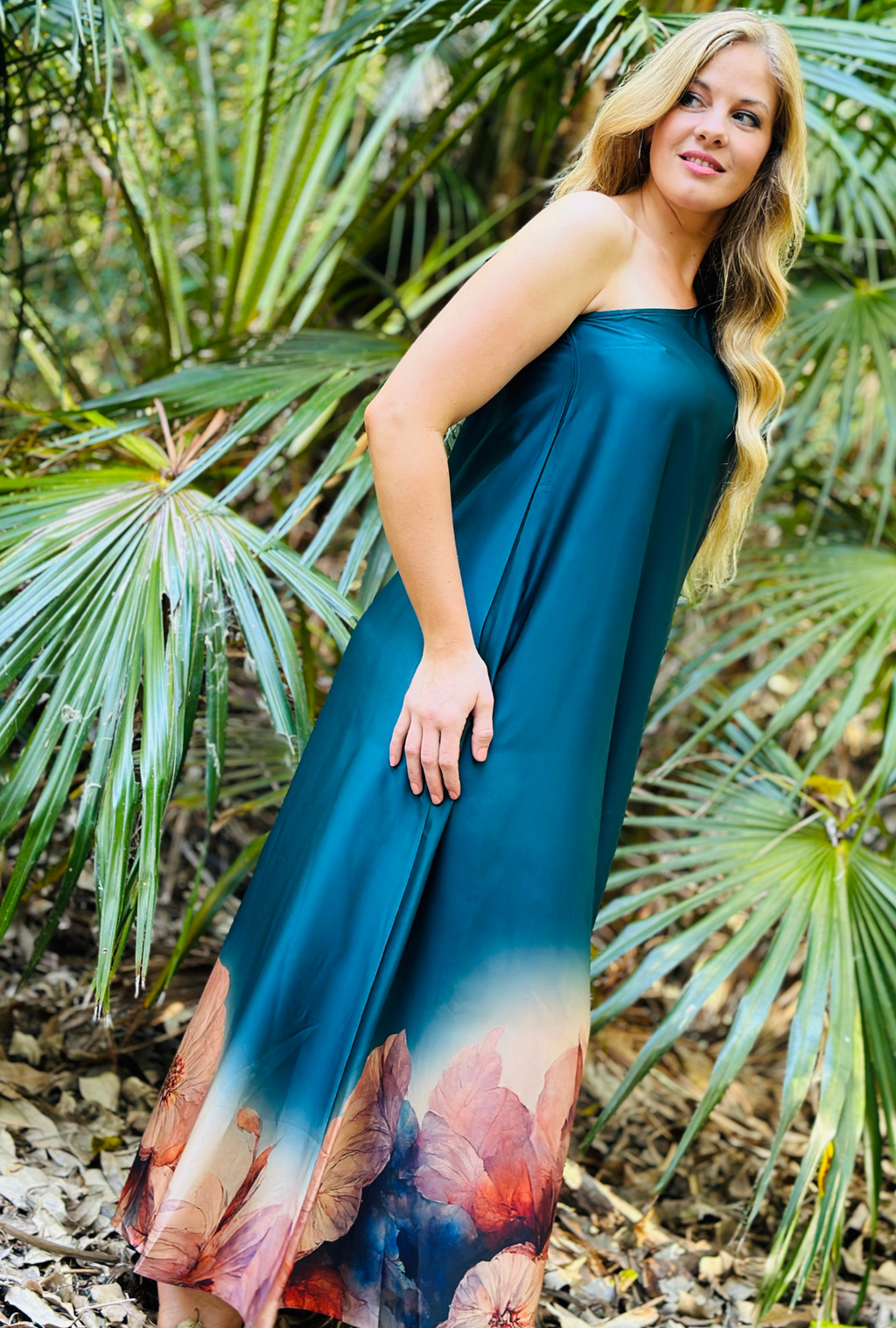 Cold Shoulder Maxi Dress - Teal Bloom