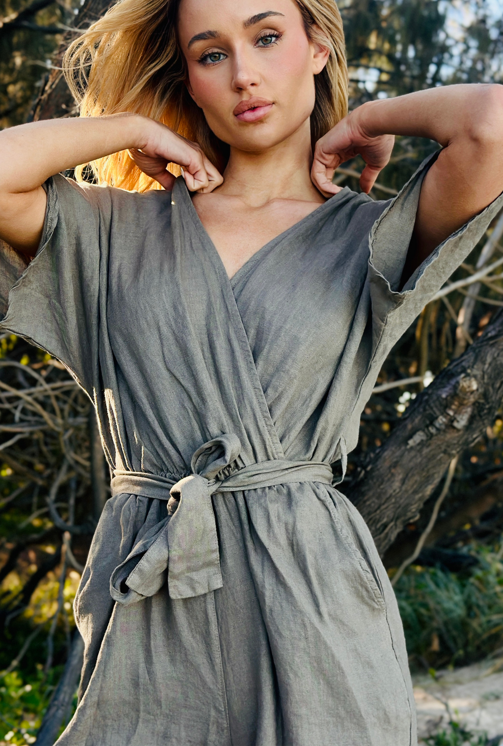 Never Grow Up Linen Playsuit - Leaf