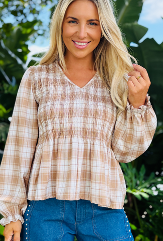 Pretty in Plaid Top - Latte