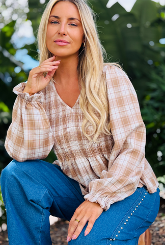 Pretty in Plaid Top - Latte