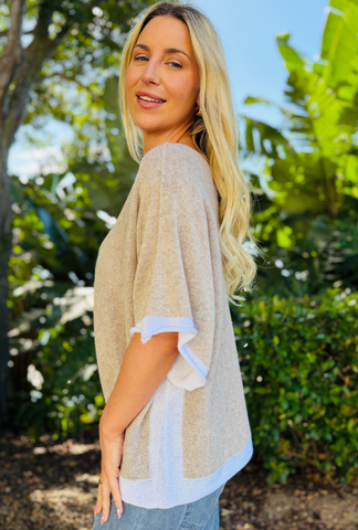 Borderline Knit Top - Taupe/w