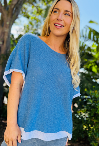 Borderline Knit Top - French Blue/w